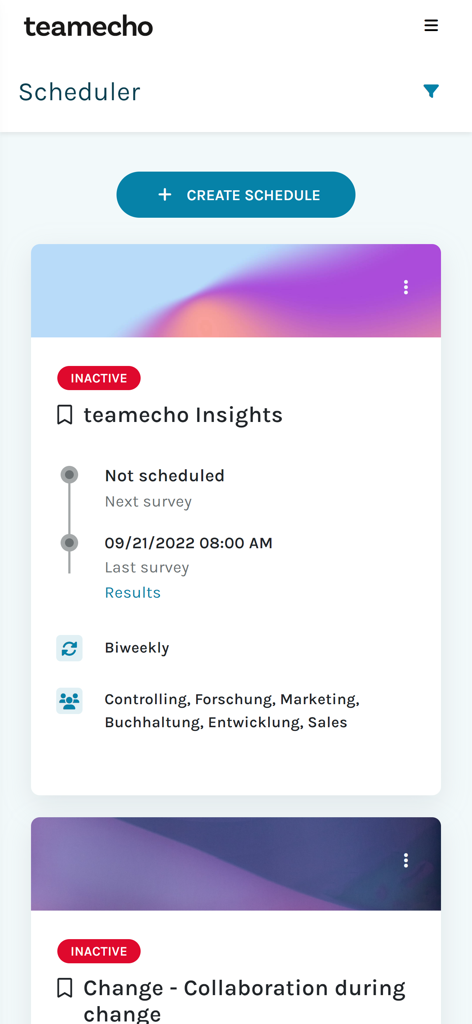 teamecho - The scheduler interface of the teamecho app for managing employee surveys