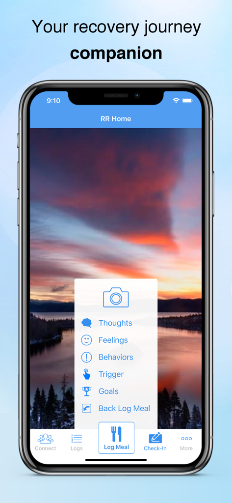 Recovery Record app home screen showing meal logging and emotional reflection options over a peaceful sunset background