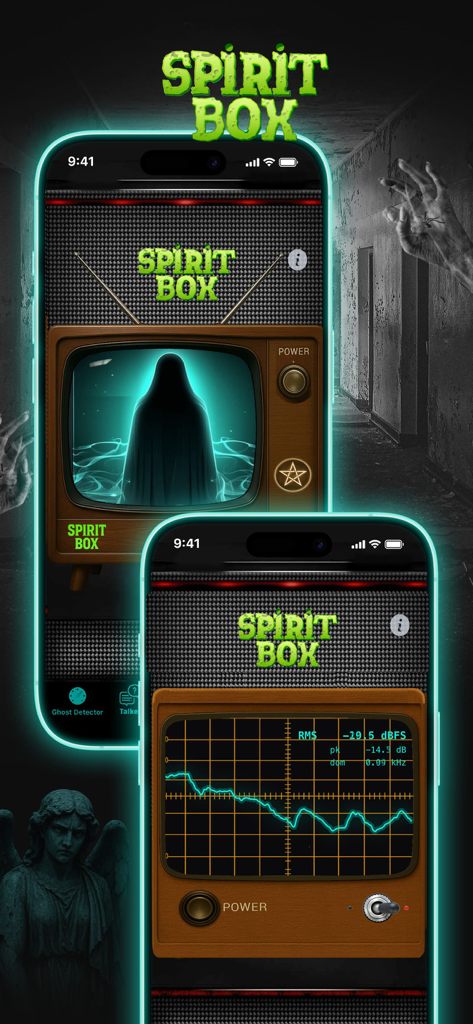 Spirit Contact Talker mobile app displaying the spirit box feature with a ghostly silhouette and frequency analyzer