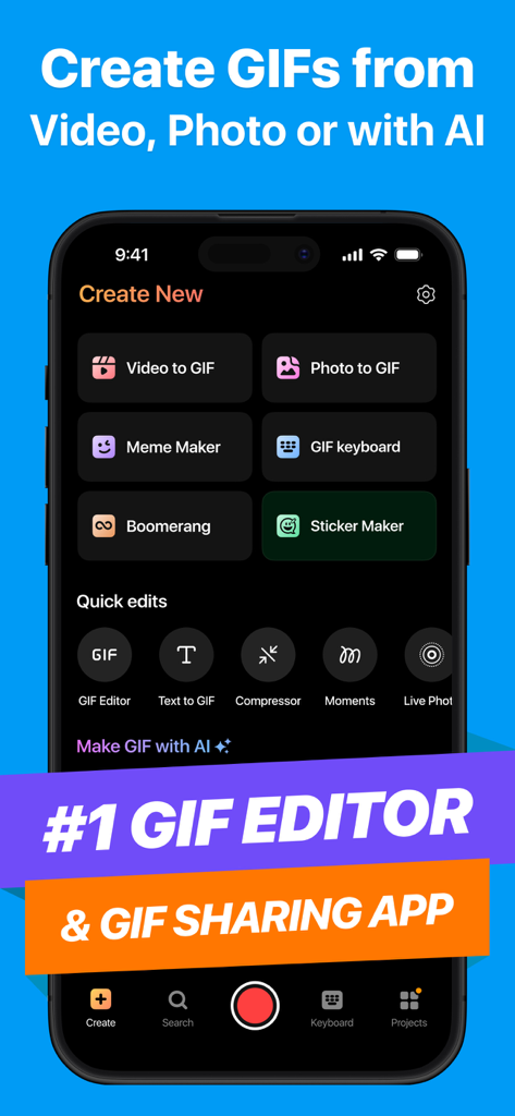 Main interface of the GIF Maker app showing tools for creating GIFs from videos, photos, and AI.