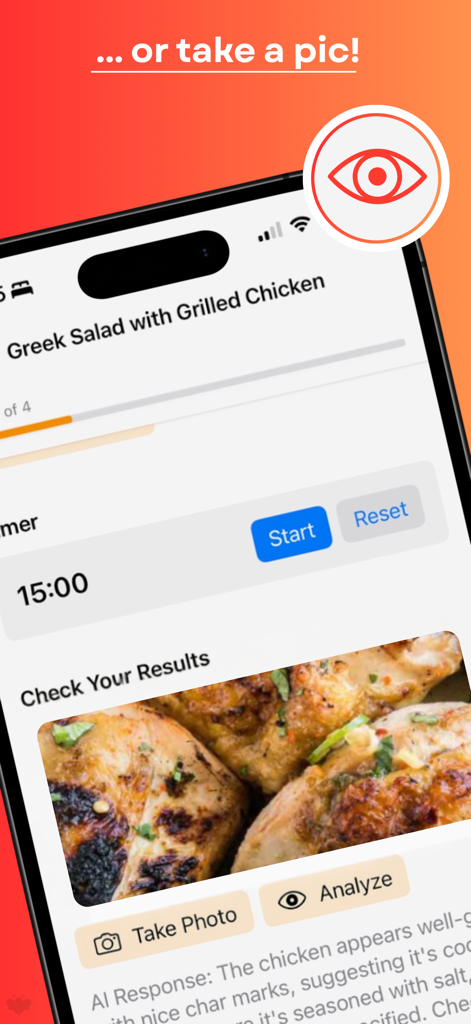 Chefy - AI Cooking Assistant - Chefy app interface showing a user taking a photo of grilled chicken for AI analysis and cooking feedback.