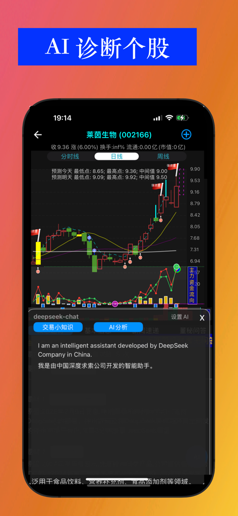 pick strong stocks - Interfaz de la aplicación Pick strong stocks con un gráfico de velas y un chat de análisis de acciones por IA.