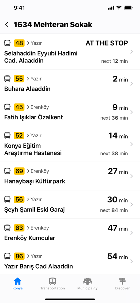 Real-time bus schedules and arrival times on the Konya City Guide app interface.