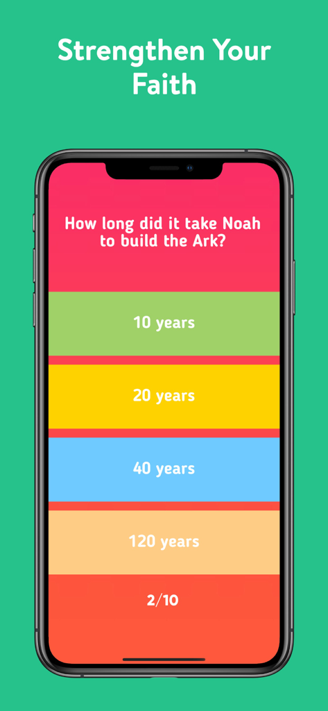 Bible Trivia Quiz - Fun Game - A mobile app screen showing a Bible trivia question about how long it took Noah to build the Ark with multiple choice options.