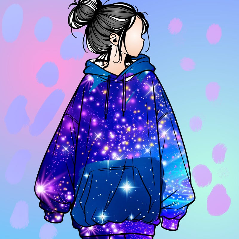 realistic girl with a oversized sweatshirt on and a bun
