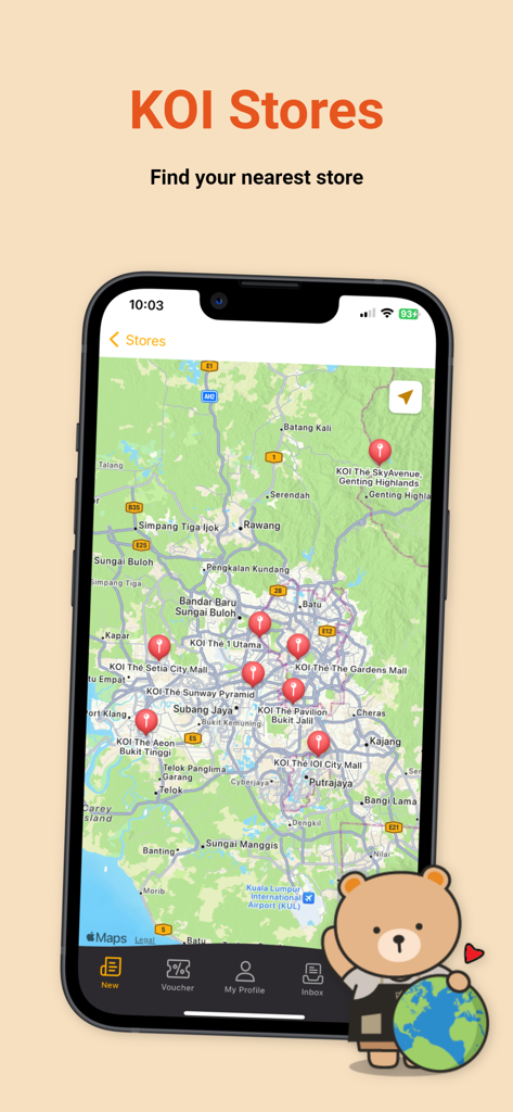 KOI Thé Malaysia - KOI Thé Malaysia app store locator screen showing a map with multiple store pin locations across Malaysia.