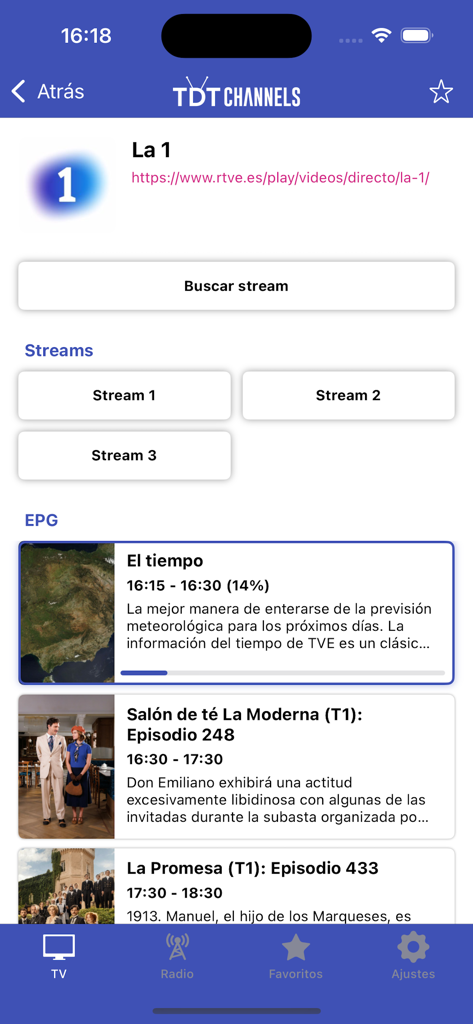 TDTChannels - Interface of TDTChannels app showing program guide and stream options for Spanish channel La 1