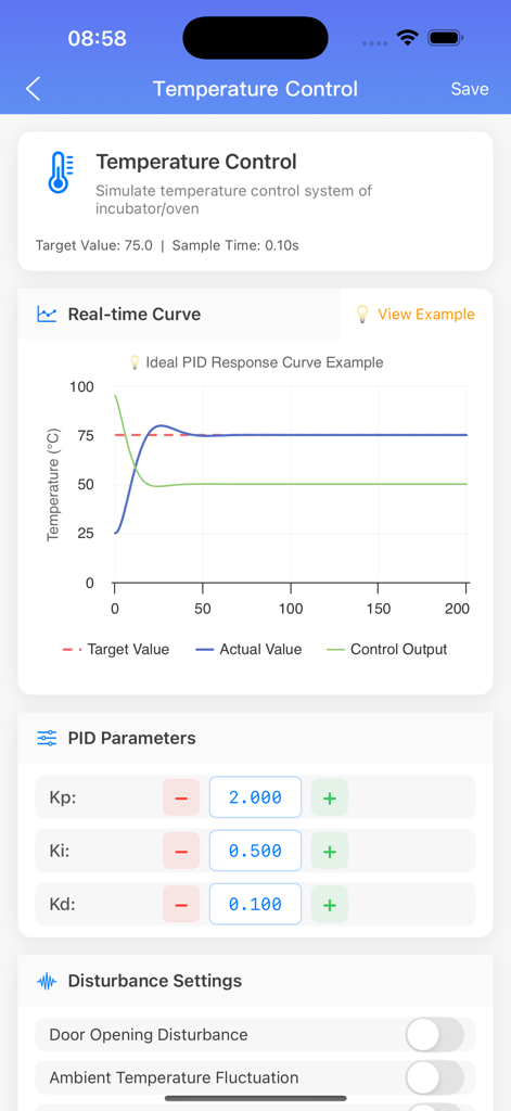 PID Controller Simulation - Mobile app interface for PID temperature control simulation showing response curves and parameter adjustment settings