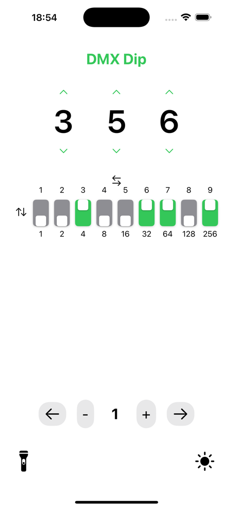 DMX Dip Calc - DMX Dip Calc app interface showing DMX address 356 and binary dip switch settings