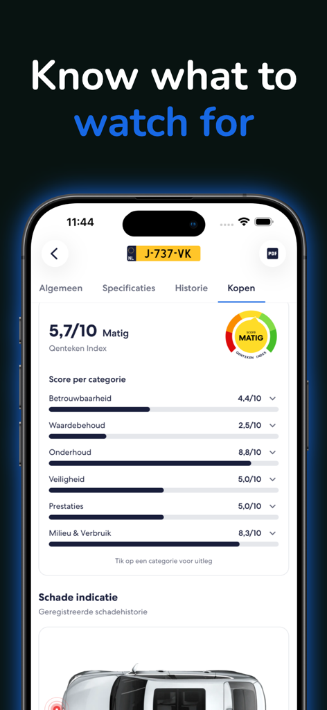 Ein Smartphone-Bildschirm, der die Qenteken-App mit einem Fahrzeug-Kauf-Score und detaillierten Bewertungen für Zuverlässigkeit, Wartung und Sicherheit basierend auf niederländischen RDW-Daten zeigt.