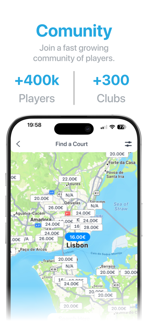 Schermata dell'app TiePlayer che mostra una mappa con prezzi dei campi da tennis e padel e statistiche sui giocatori della community.