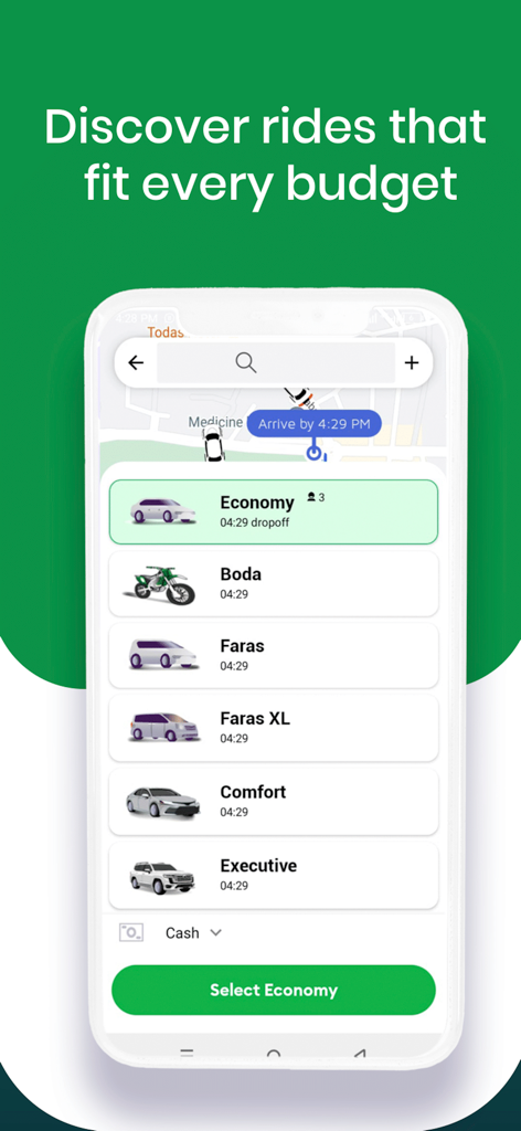 Faras - Faras App-Bildschirm mit verschiedenen Fahrtoptionen wie Economy Boda und Executive für verschiedene Budgets