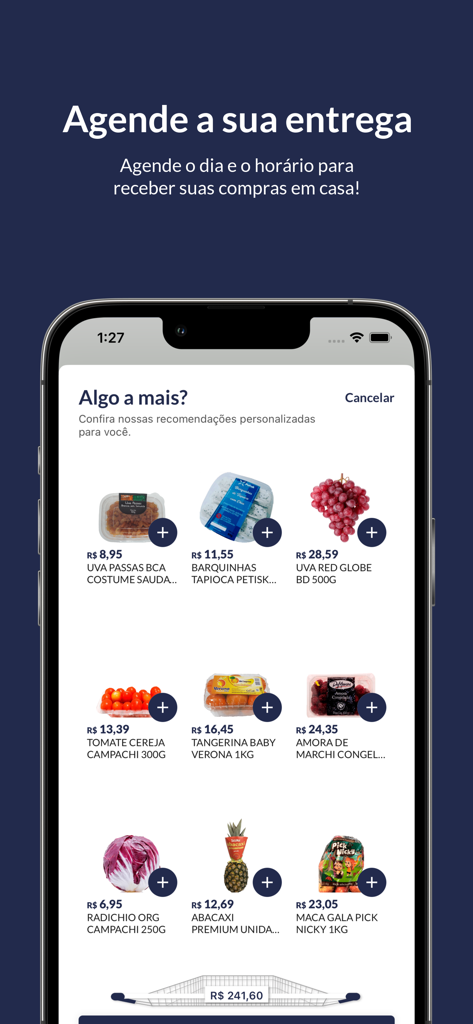Feliz Farma - Tela de smartphone do aplicativo Feliz Farma exibindo uma variedade de produtos frescos com preços e um título de agendamento de entrega em português