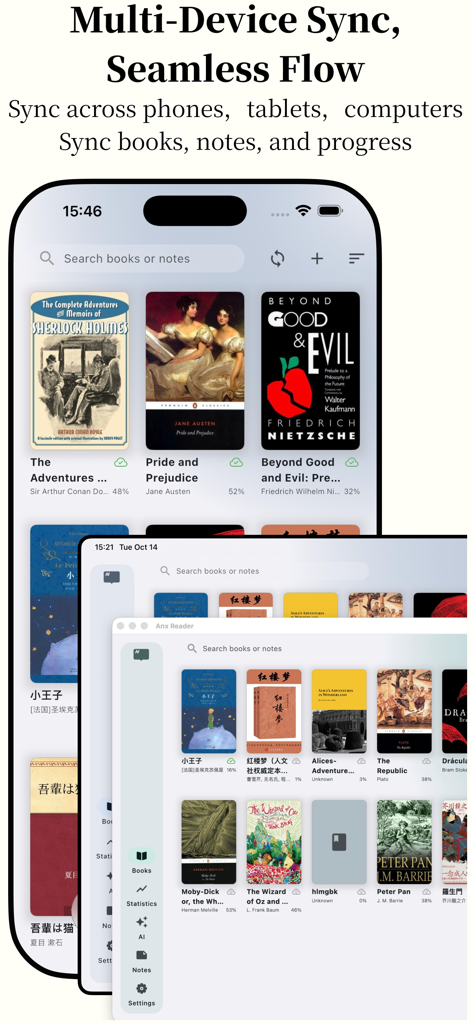 Anx Reader - Anx Reader app interface showing library synchronization across iPhone, iPad, and Mac devices.