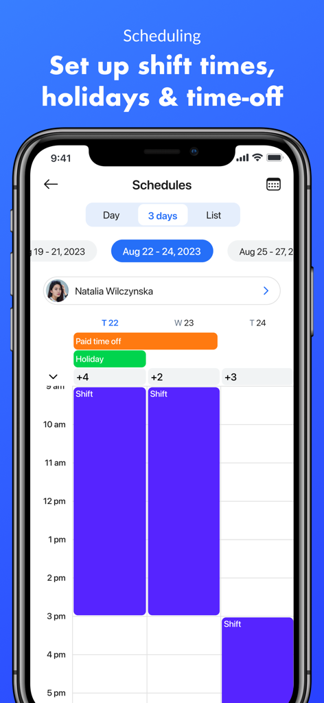 Hubstaff Time Tracker - Interfaz de la aplicación móvil Hubstaff para configurar horarios de turnos, días festivos y tiempo libre