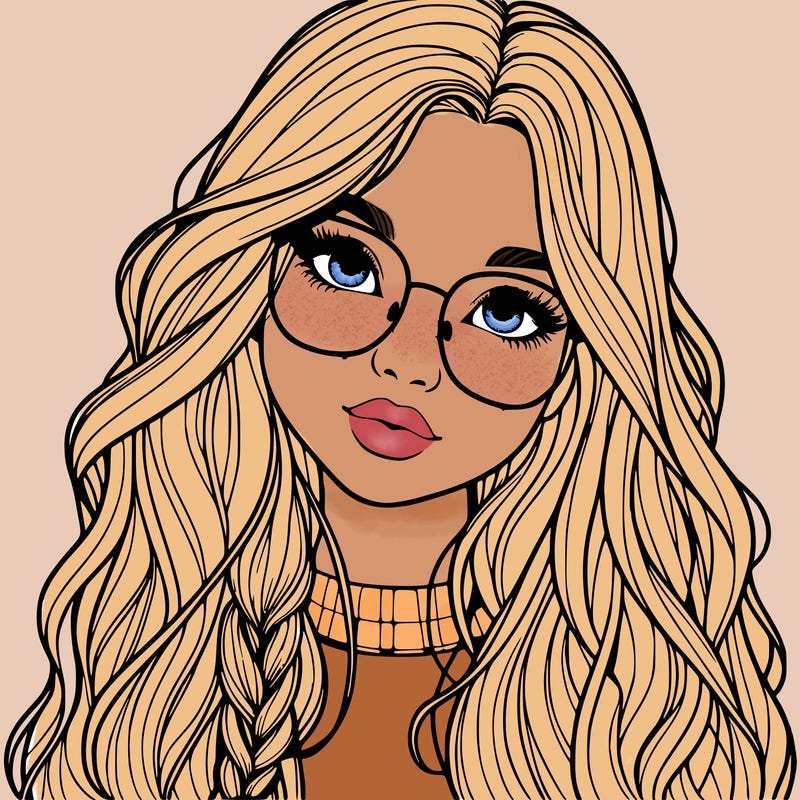 girl with long hair and freckles and glasses realistic