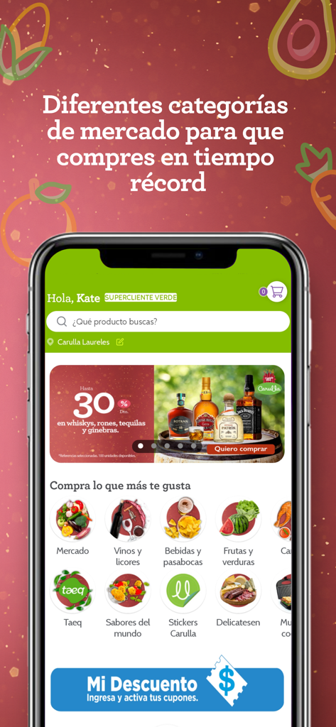 Carulla mobile app home screen showing gourmet grocery categories and promotional discounts