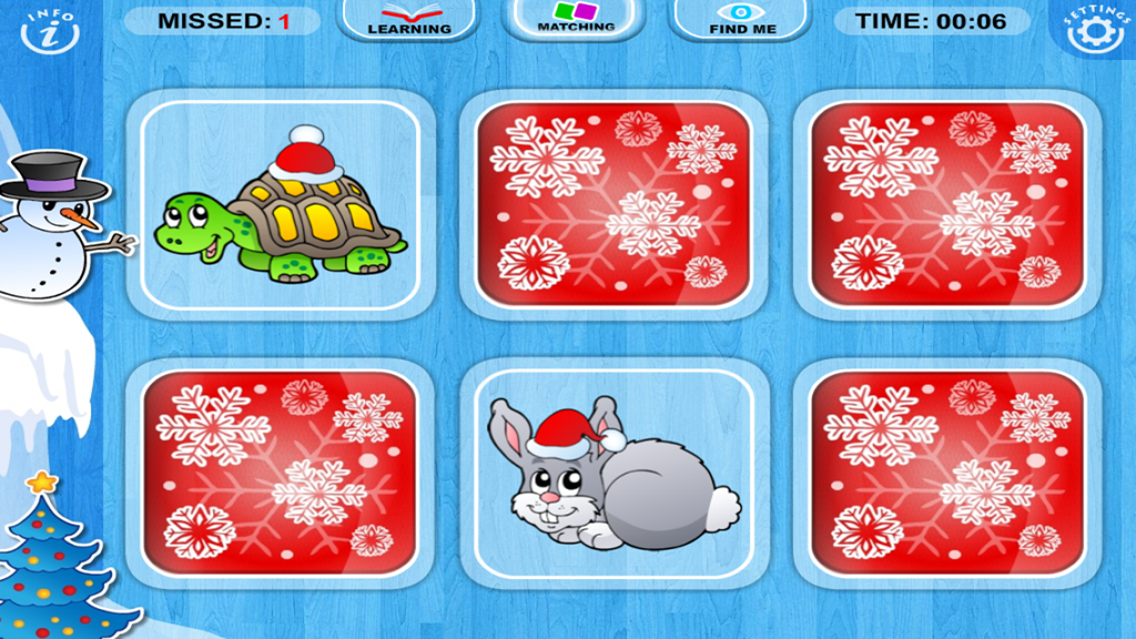 Abby Amazing Farm and Zoo App Matching-Spielbildschirm mit festlichen Tieren in Weihnachtsmützen