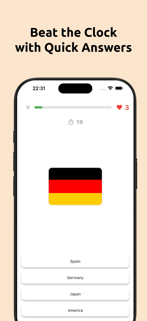 Schermata mobile che mostra un gioco a tempo di quiz sulle bandiere identificando la bandiera della Germania