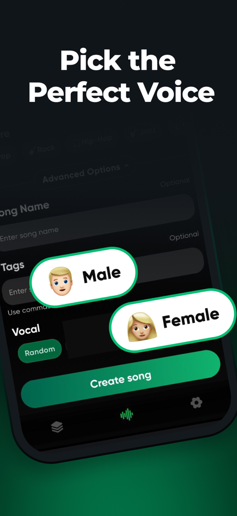 SongInsta app interface for picking male or female AI voices for music creation