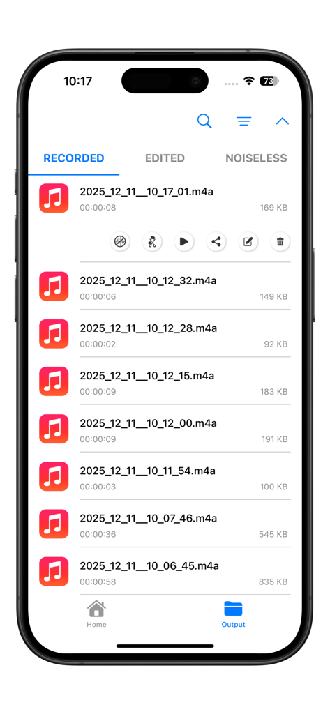 Voice Recorder AI Voice Memos - Interface showing a list of recorded voice memos with file management options