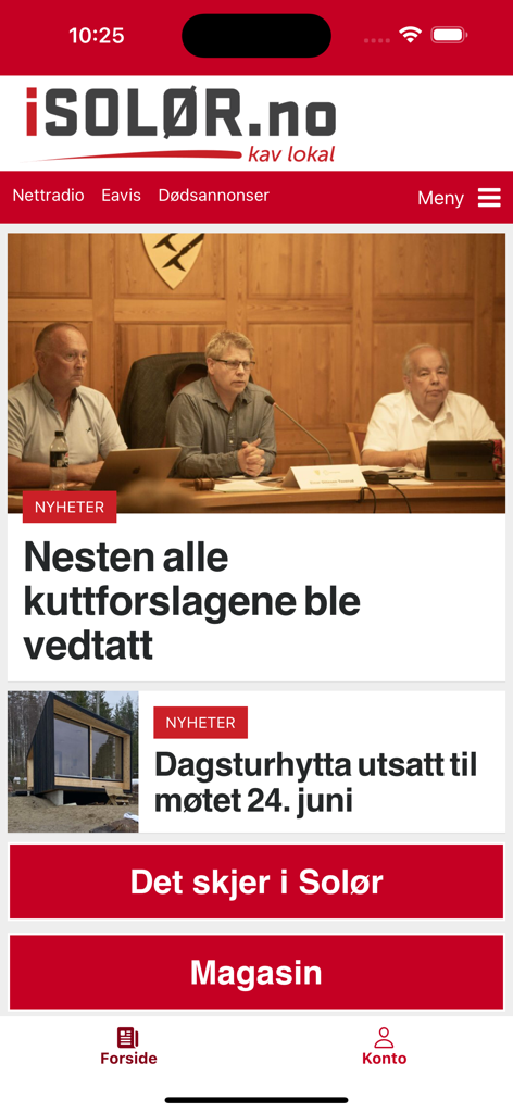 Page d'accueil de l'application d'actualités mobiles iSolør présentant des articles norvégiens locaux et un menu de navigation