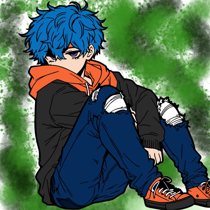a male hoddie ripped jeans messy hair anime