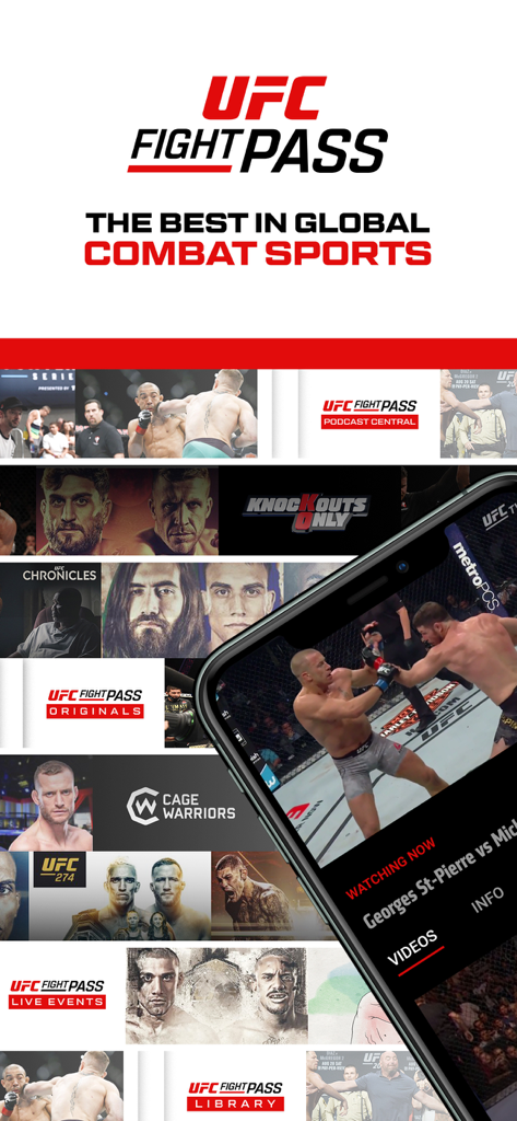 Smartphone displaying UFC Fight Pass app with a collage of combat sports content