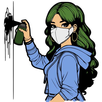 realistic girl with mask spray painting a wall