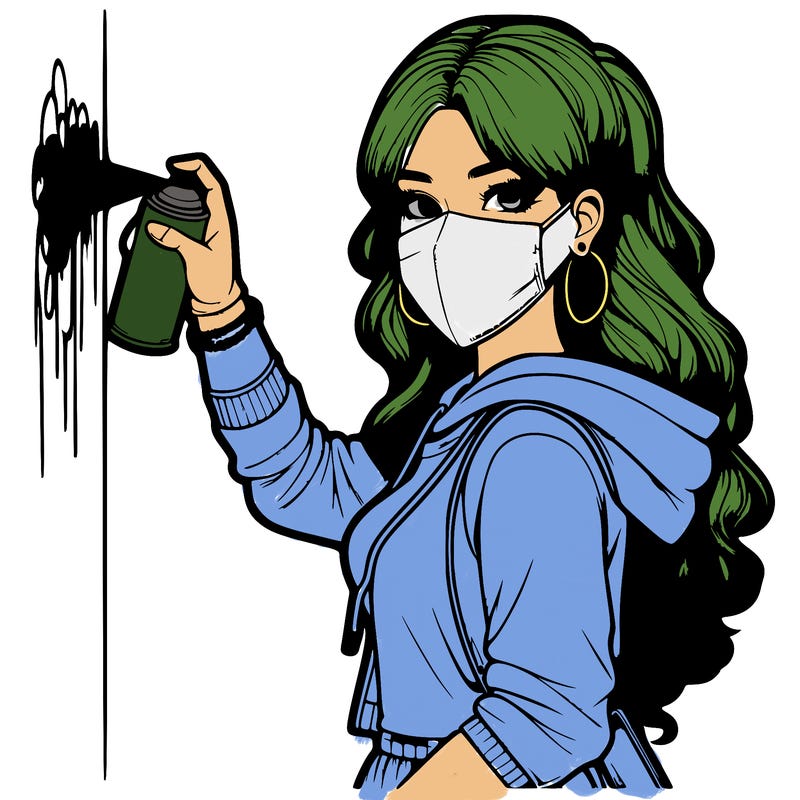 realistic girl with mask spray painting a wall