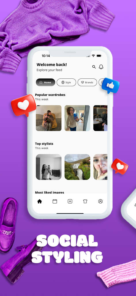 CAPSULE - Wardrobe - Interface of the Capsule app showing a social feed with popular wardrobes and top stylists for fashion inspiration