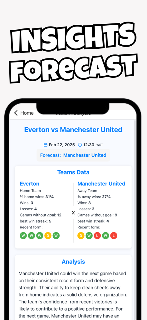 AI Soccer Insights Football IQ - AI Soccer Insights Football IQ app interface showing match analysis and forecast for Everton versus Manchester United