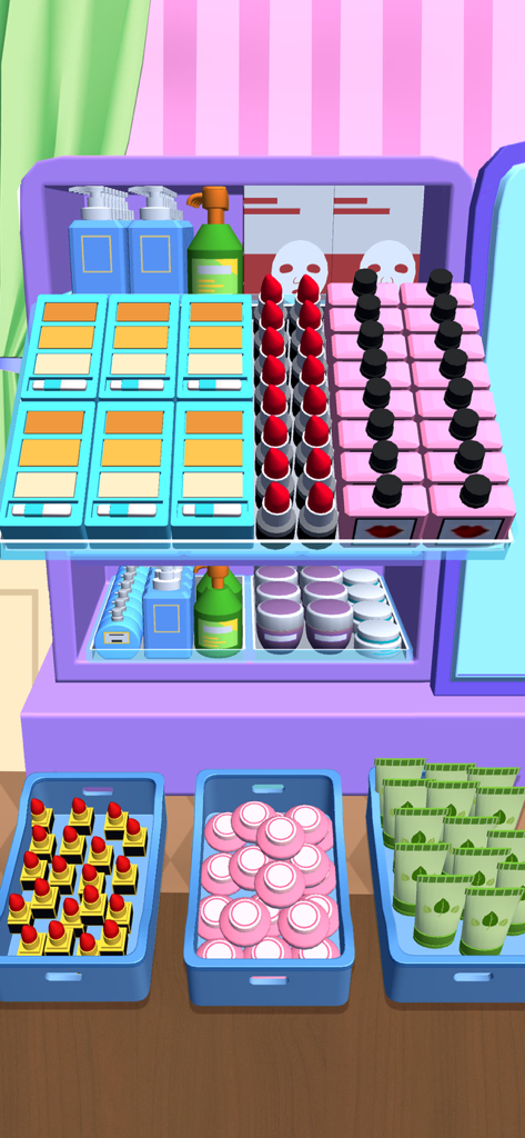 A mobile game screen showing rows of organized lipsticks, creams, and facial masks on purple shelves.