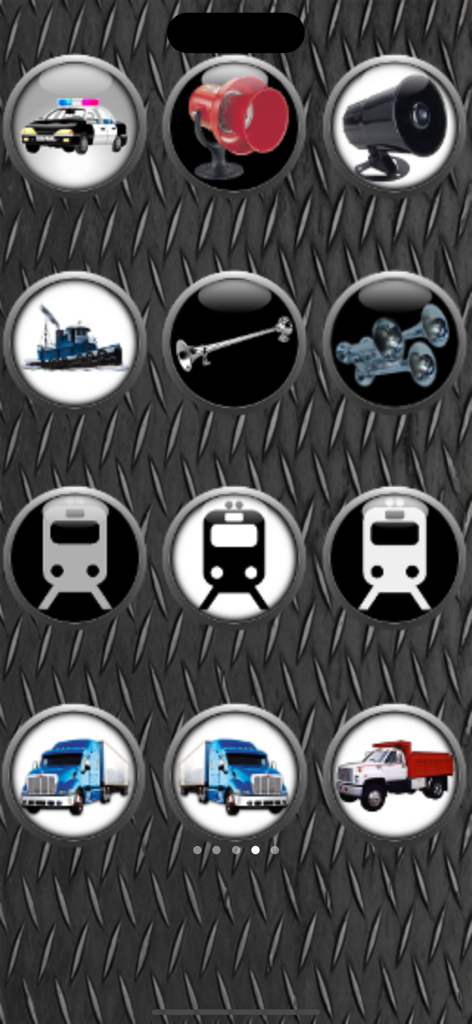 A mobile soundboard screen for the Horns and Sirens app featuring circular buttons with icons for police sirens truck horns and boat whistles
