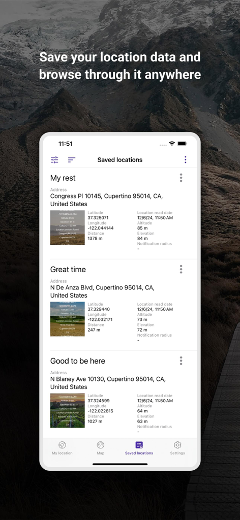 Lista de locais salvos no aplicativo GPS de Altitude e Elevação mostrando coordenadas e dados de altitude