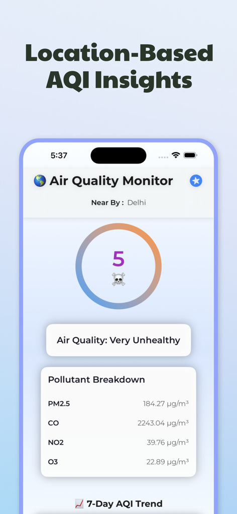 Air Quality Monitor: AQI App - Air Quality Monitor app interface showing location-based AQI insights and detailed pollutant breakdown for Delhi