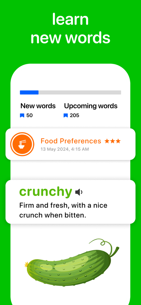 BetterSpeak: AI Language Tutor - BetterSpeakアプリのインターフェースに、キュウリのイラストと共に「crunchy」という単語の英語語彙レッスンが表示されている