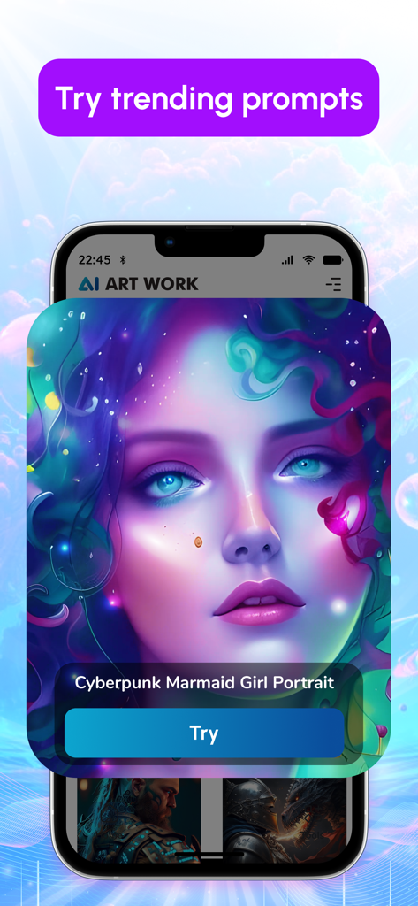 GenAI - AI Art Generator - Interface do aplicativo GenAI com um retrato colorido de sereia cyberpunk gerado por IA sob um banner de prompts em alta.