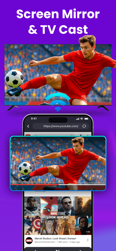 Universal Remote for Smart TV+ - An iPhone screen mirroring a YouTube soccer video to a large smart TV screen