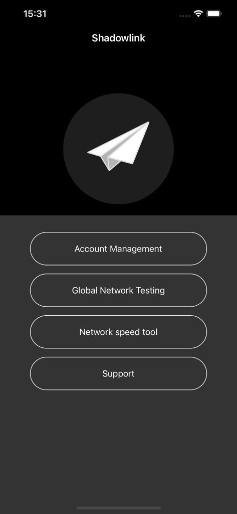 Main interface of Shadowlink Plus app showing network testing and account management options