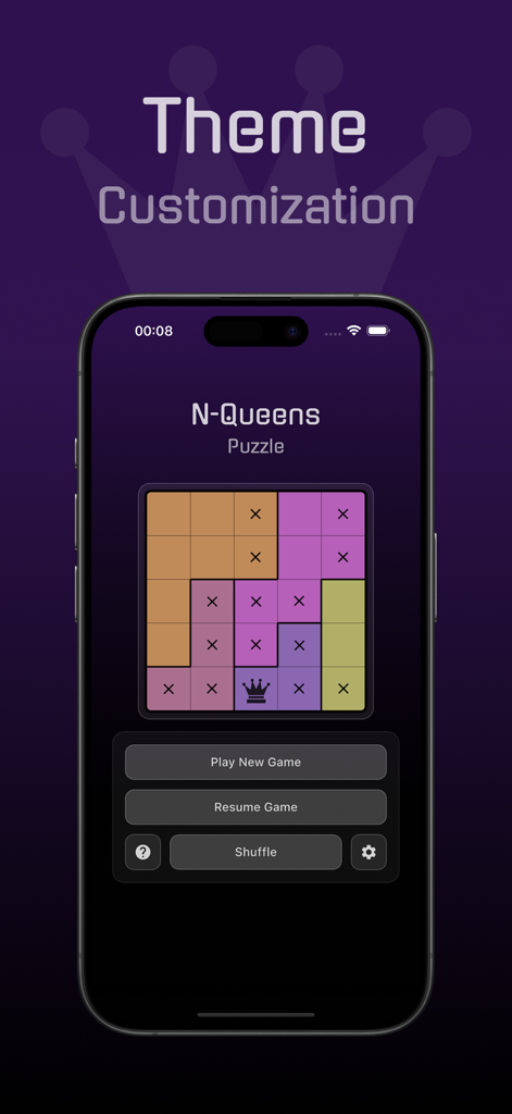 N-Queens Puzzle - Menu screen of N-Queens Puzzle app highlighting the theme customization feature with a colorful logic board