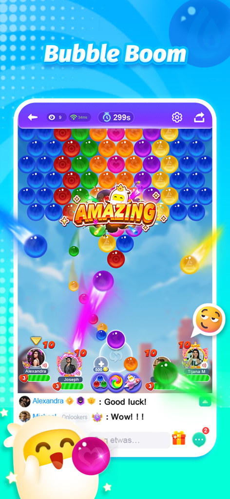 Uno screenshot del gioco Bubble Boom all'interno dell'app TopTop con sparabolle multiplayer e chat sociale live.