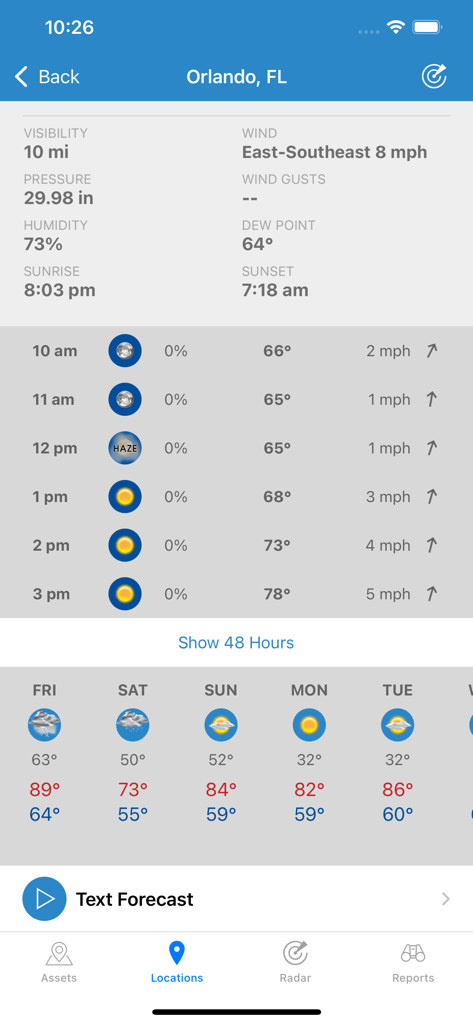 WeatherOps - WeatherOps mobile app interface displaying detailed hourly and daily weather forecast data for Orlando