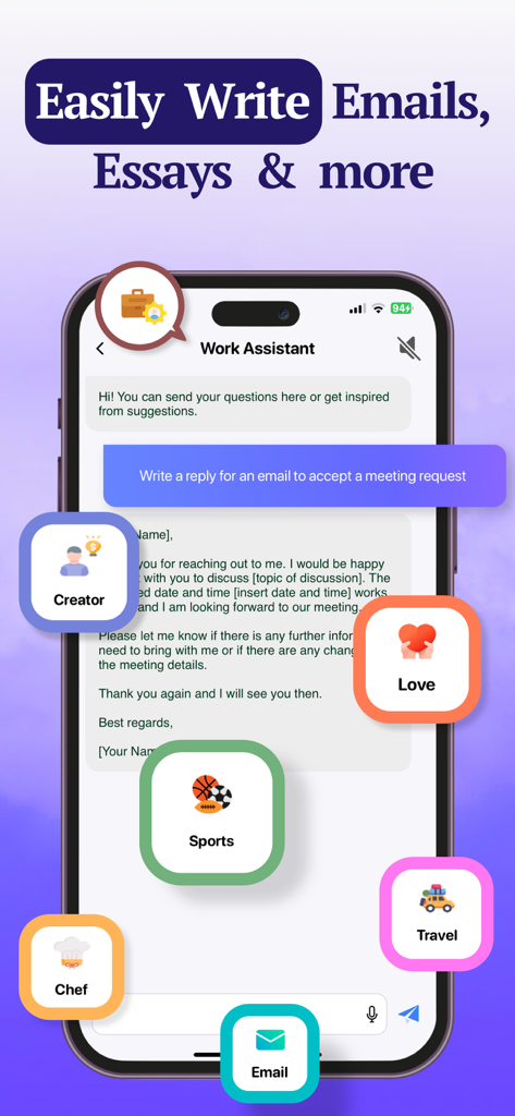 AI Detector: Text Verify - Application d'assistant IA montrant des fonctionnalités d'écriture d'e-mails et des icônes de catégories de style de vie comme chef et voyage