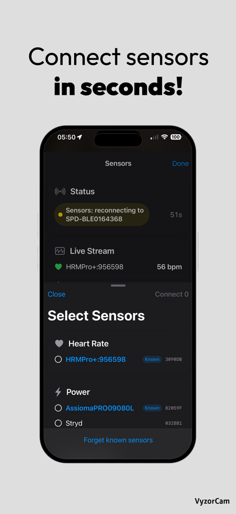 VyzorCam - VyzorCam sensor connection screen for heart rate and power meters.