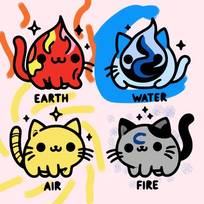 4 cats that represent the different elements, earth, water, air, and fire
