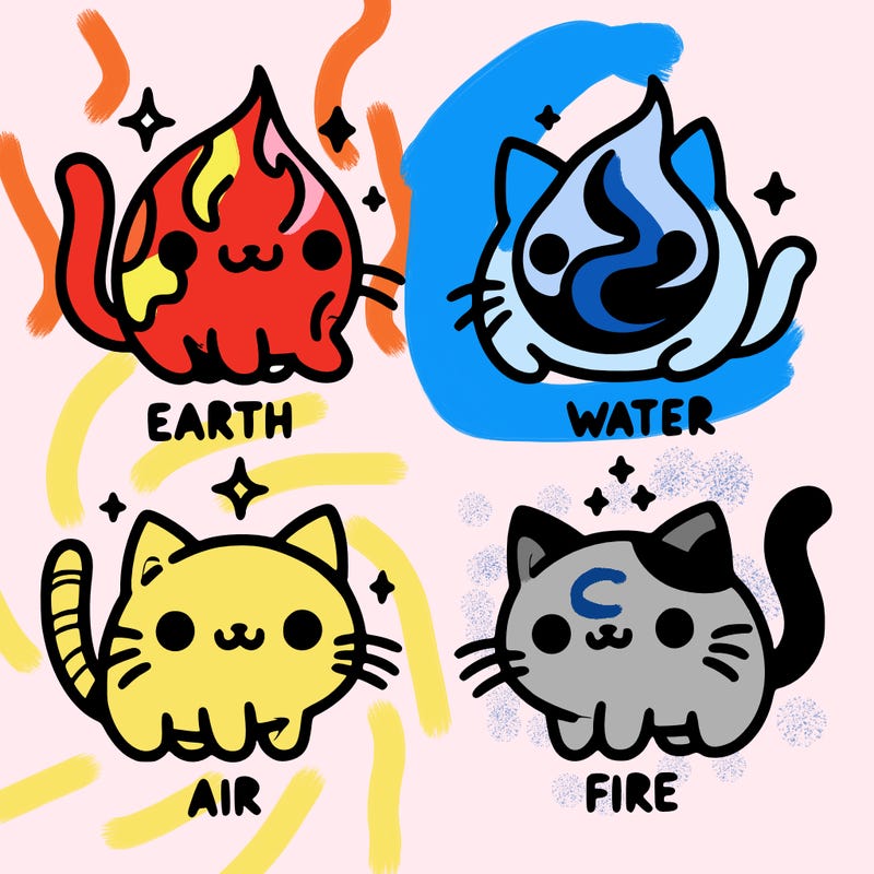 4 cats that represent the different elements, earth, water, air, and fire