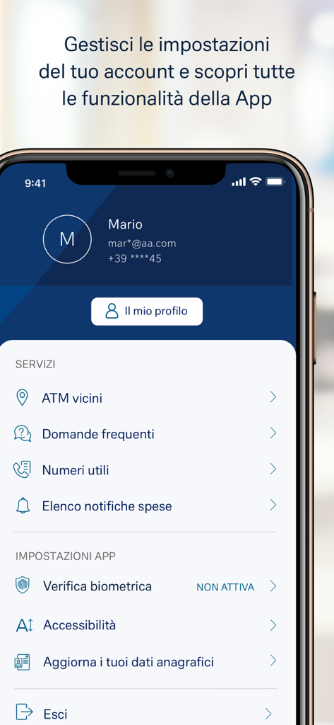 DB Le Mie Carte - Mobile interface of the DB Le Mie Carte app showing account settings and profile details for a user named Mario.