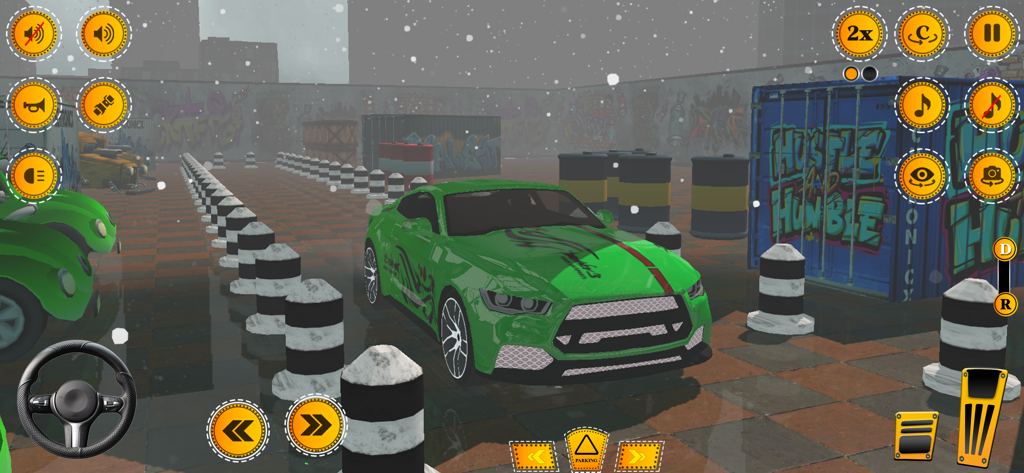 US Extreme Car Games Simulator - Coche deportivo verde navegando por un circuito de aparcamiento en US Extreme Car Games Simulator