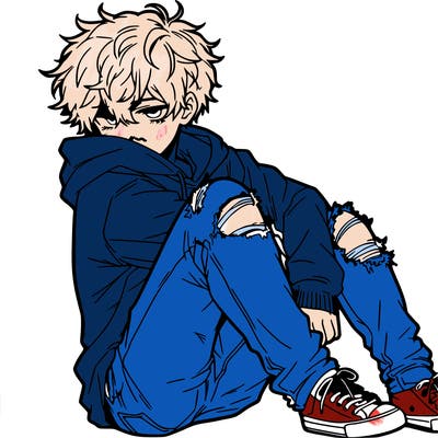 a male hoddie ripped jeans messy hair anime